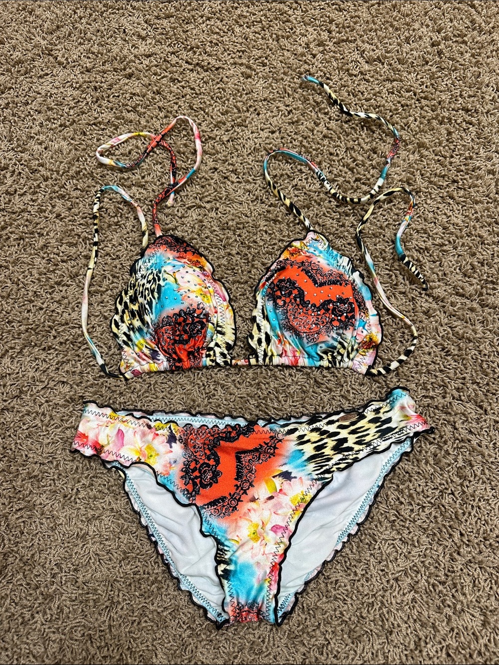 Luli Fama Multicolor Floral & Animal Print Bikini — Orange, Blue, Black, Yellow
